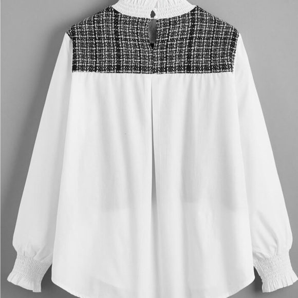 SHEIN Privé Plus size (4X) Tweed Frill Trim Curved Hem Blouse - Picture 3 of 4